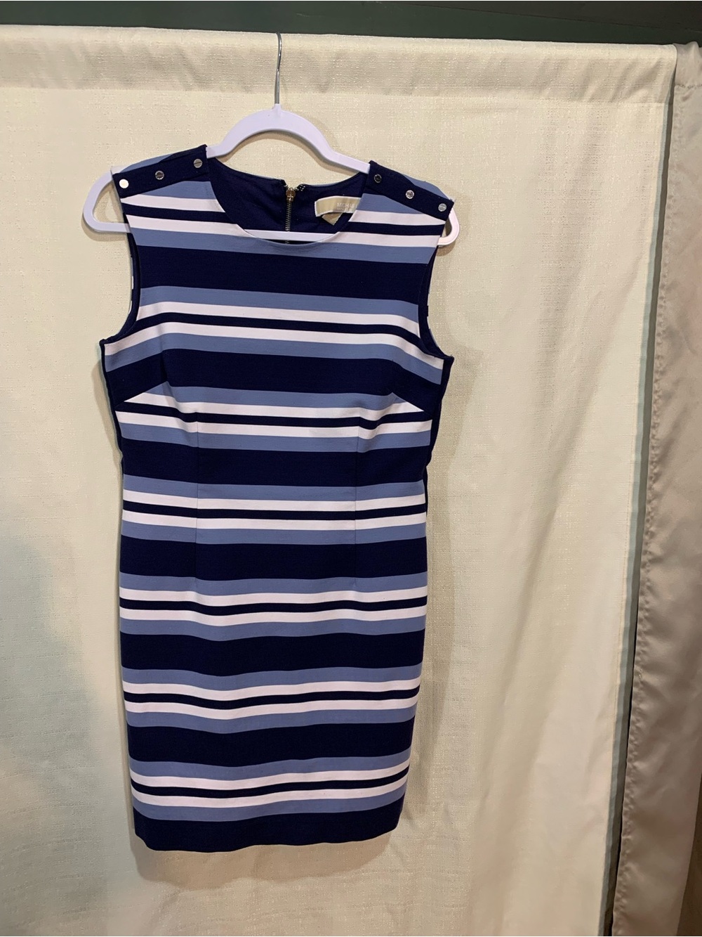 Michael Kors Navy and White Striped Midi Sheath Dressa a2/113